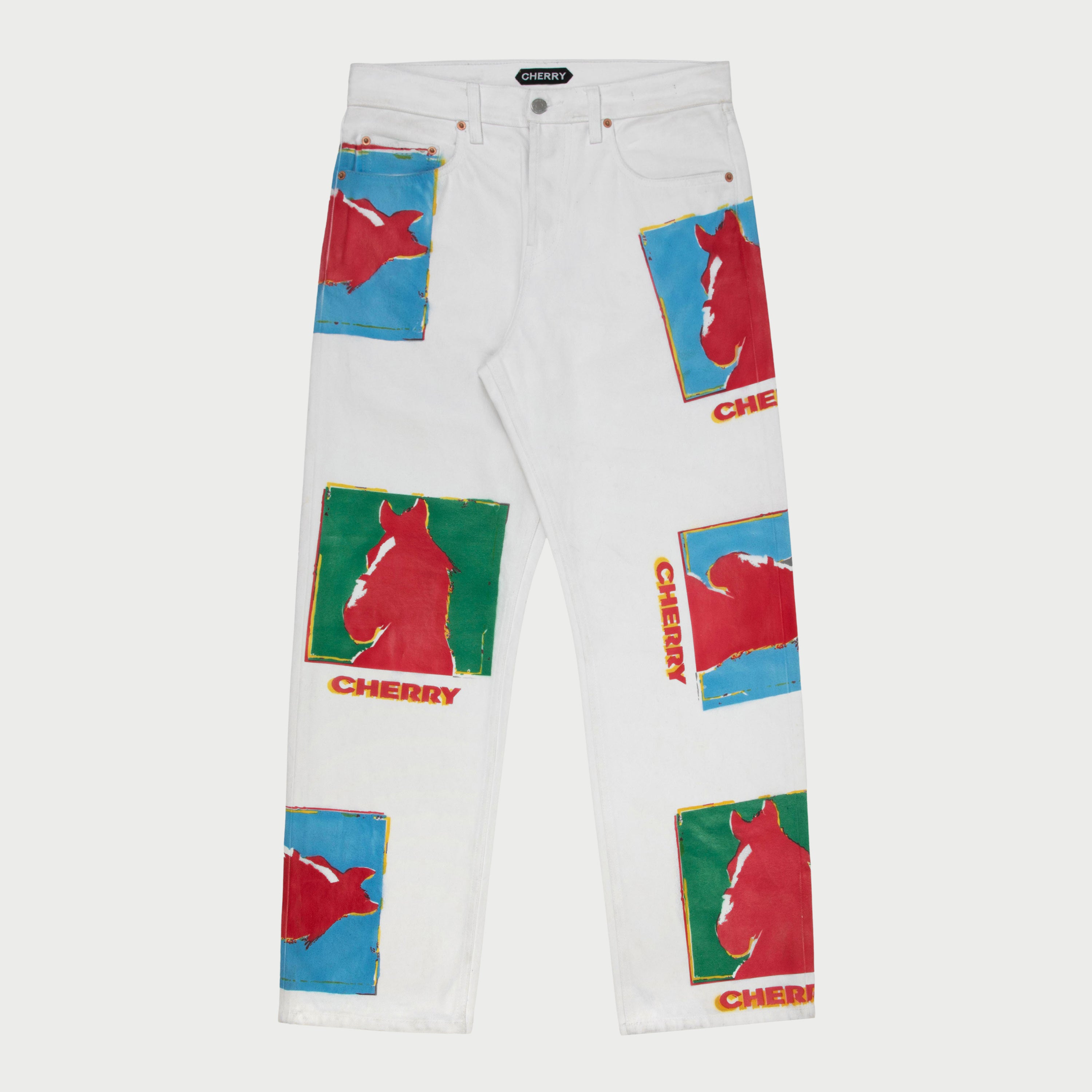 Caballo Print Relaxed 5 Pocket Denim (White) – CHERRY LA