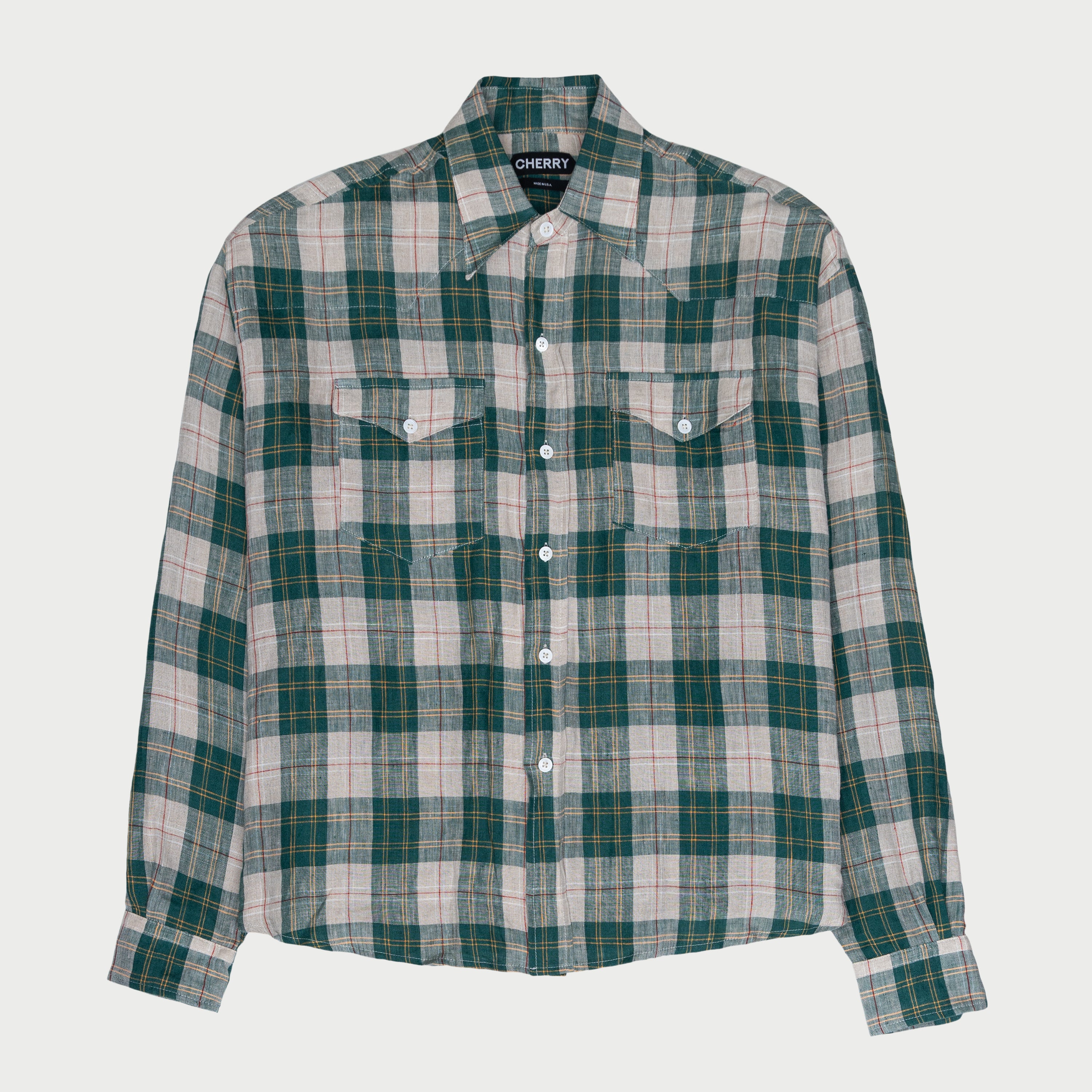 Big Western Plaid Linen Shirt (Green) CHERRY LA Big Western Plaid Linen Shirt (Green) CHERRY LA