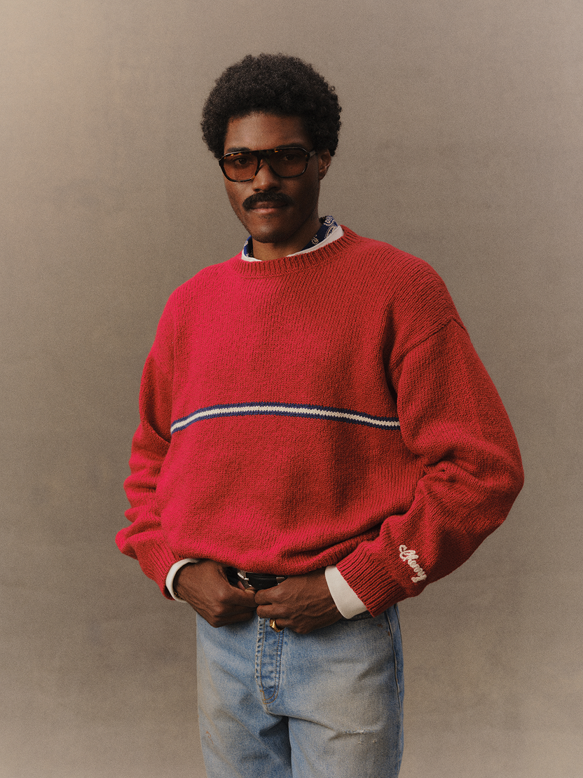 Fall 2026 red sweatshirt portrait