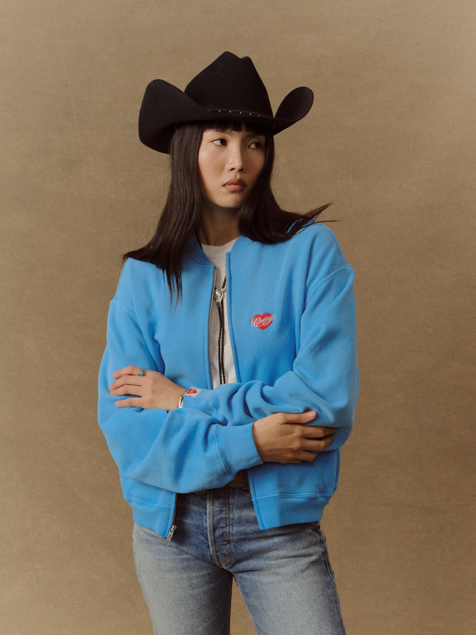 Embroidered Zip Up Crew (Malibu Blue)