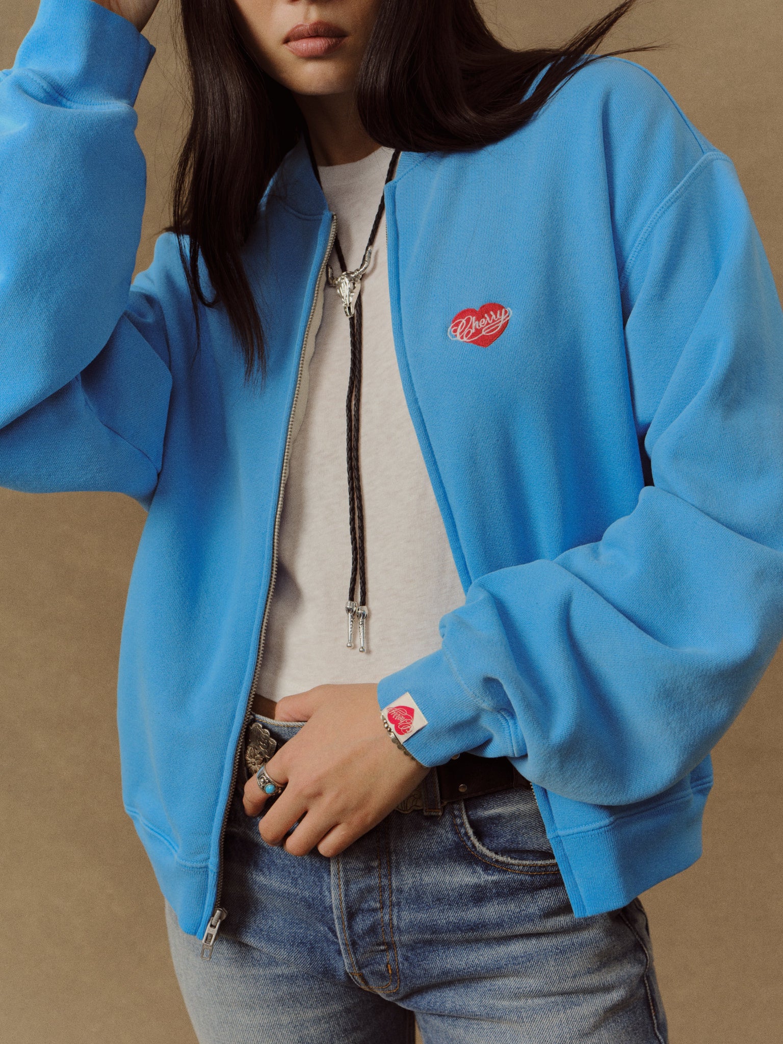 Embroidered Zip Up Crew (Malibu Blue)