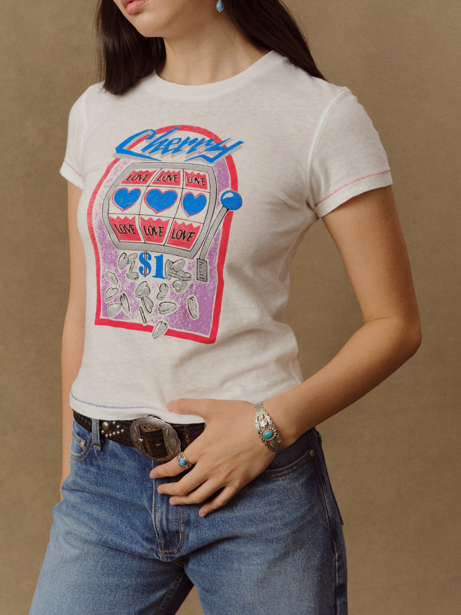 Women's Slot Machine Fitted Baby Tee (Vintage White) – CHERRY LA