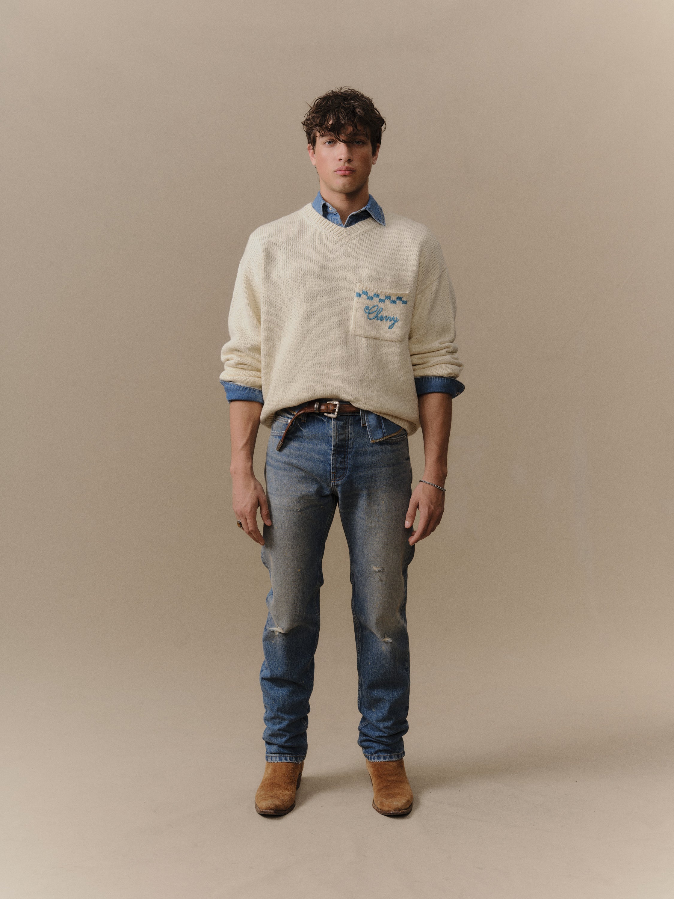 Motors Knit V Neck (Cream)