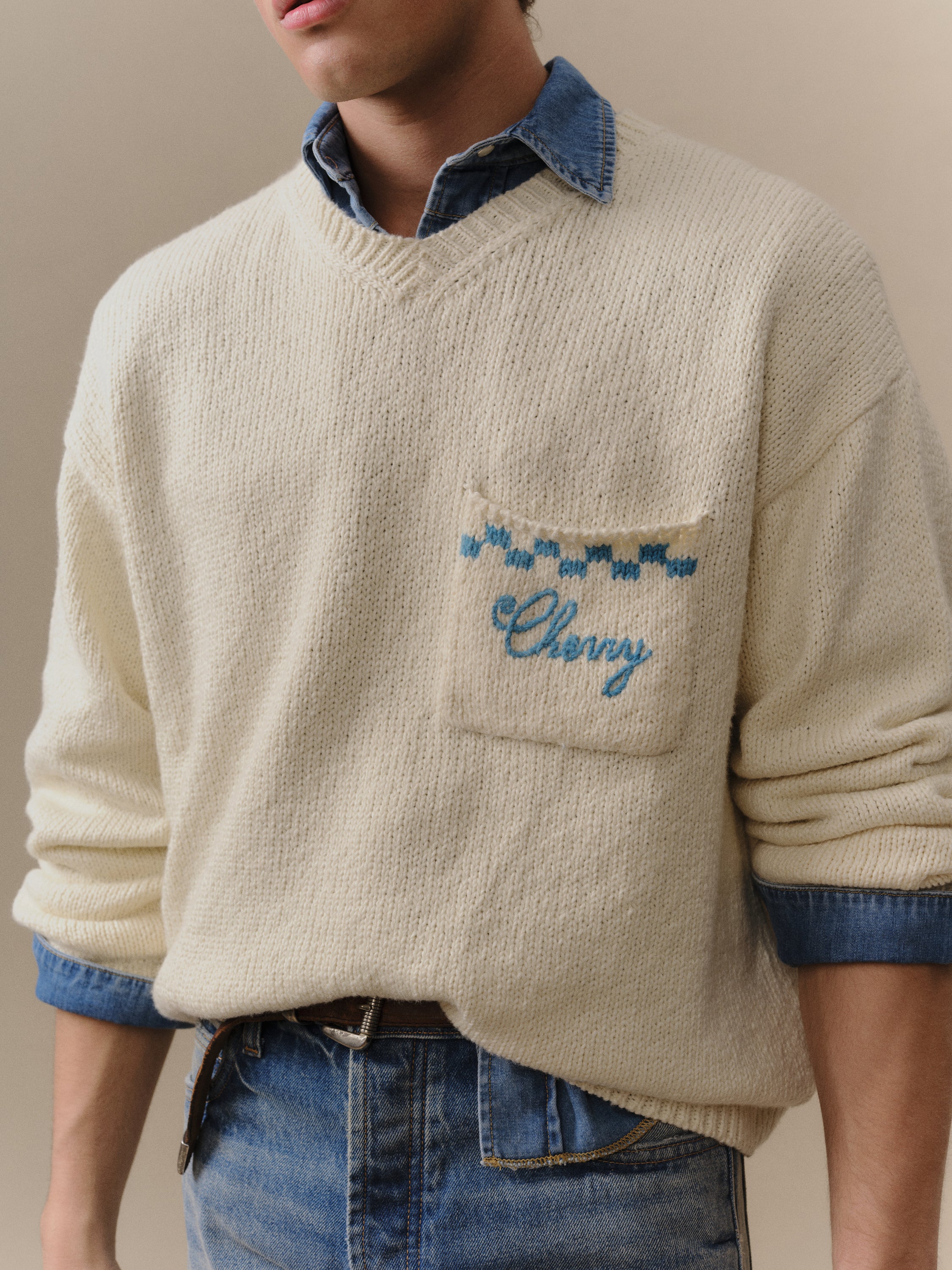 Motors Knit V Neck (Cream)