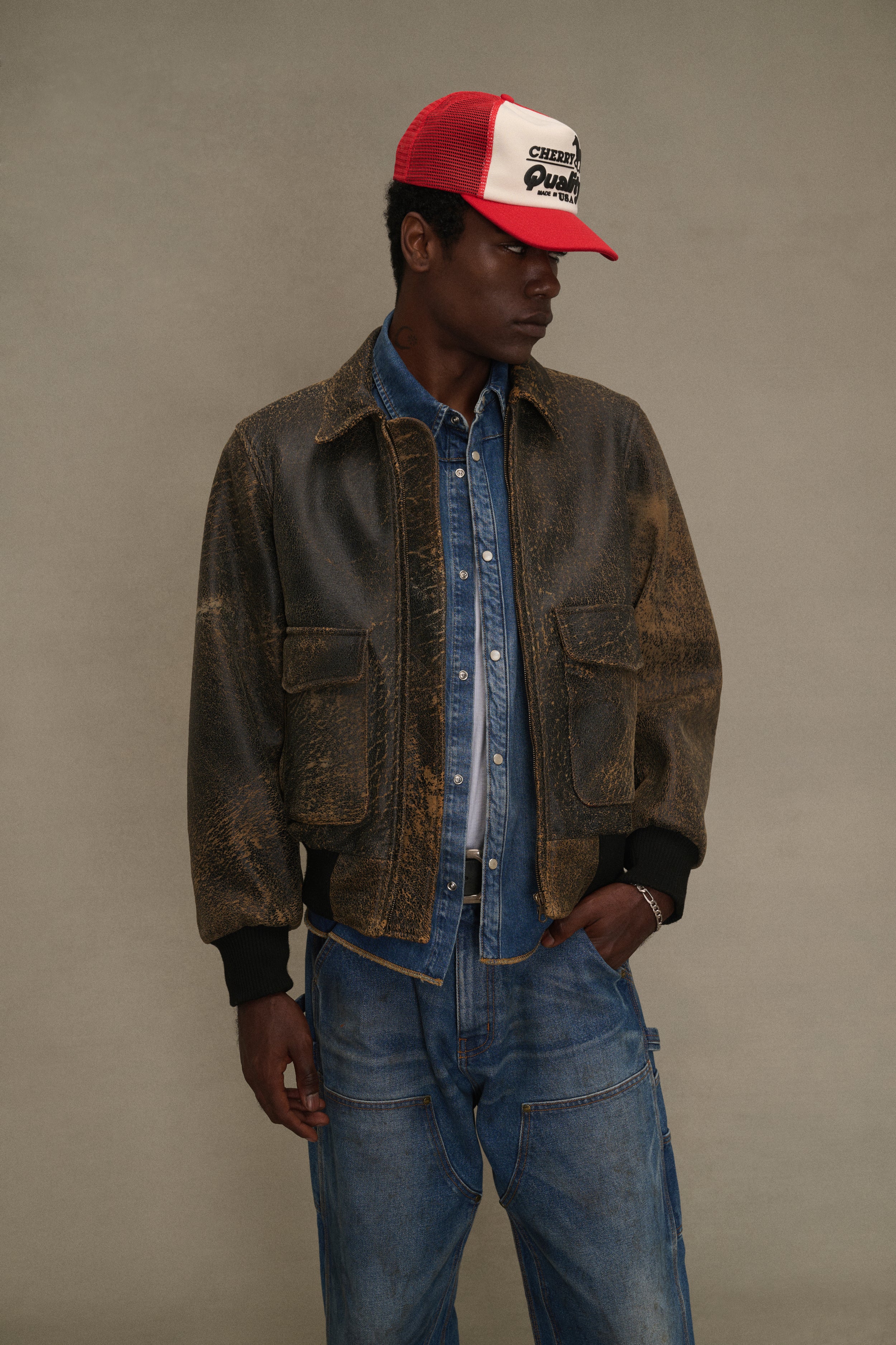 Distressed Leather Flight Jacket (Black)