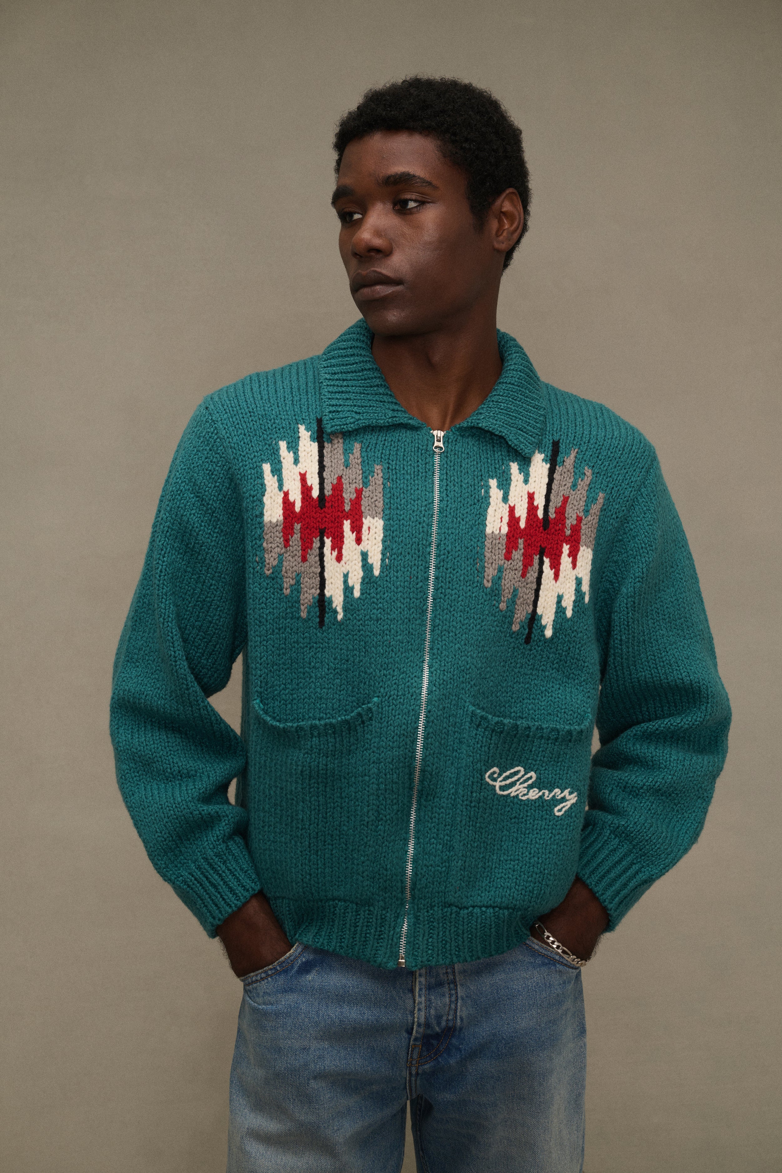 Navajo Knit Zip Jacket (Emerald)