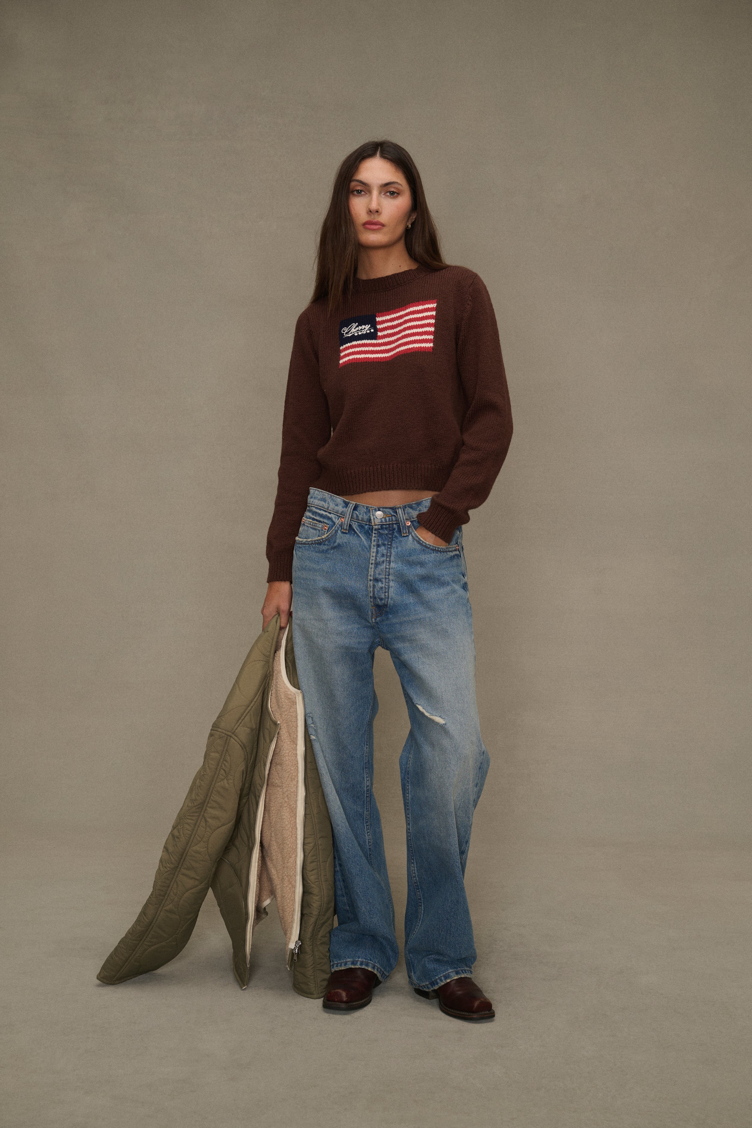 Women's American Flag Crewneck (Brown)