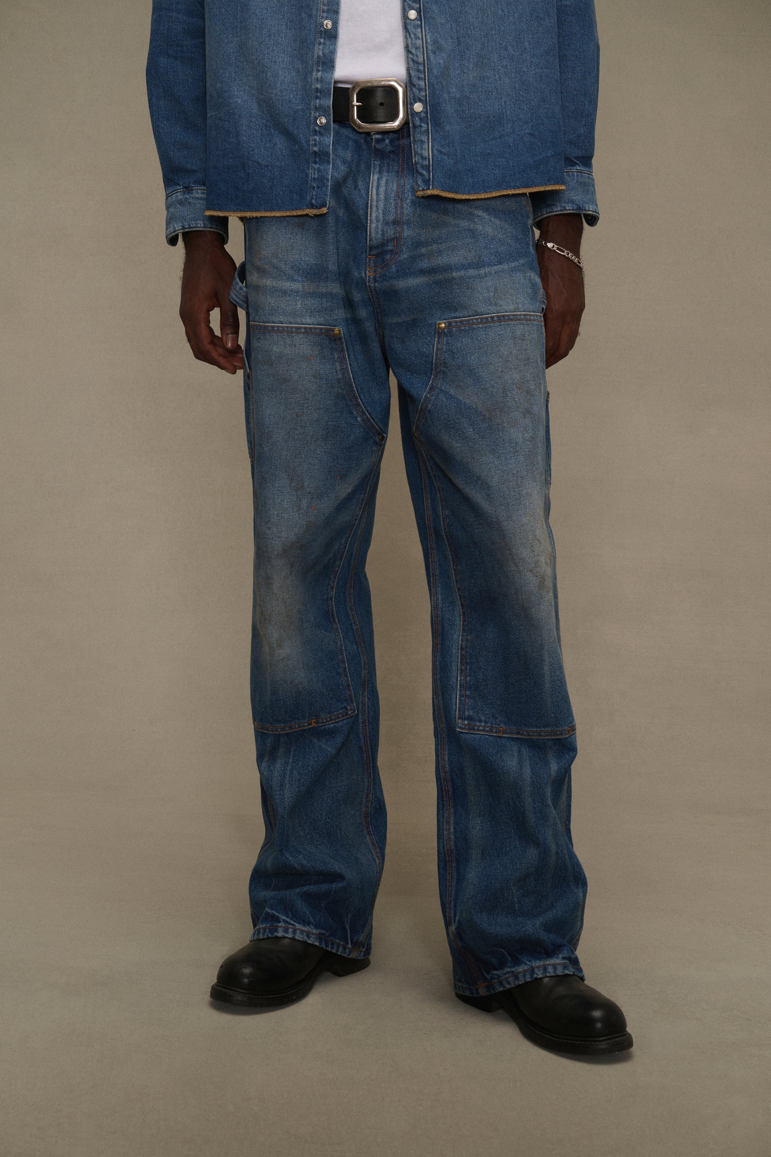 Wide-Leg Double Knee Pants (Denim)