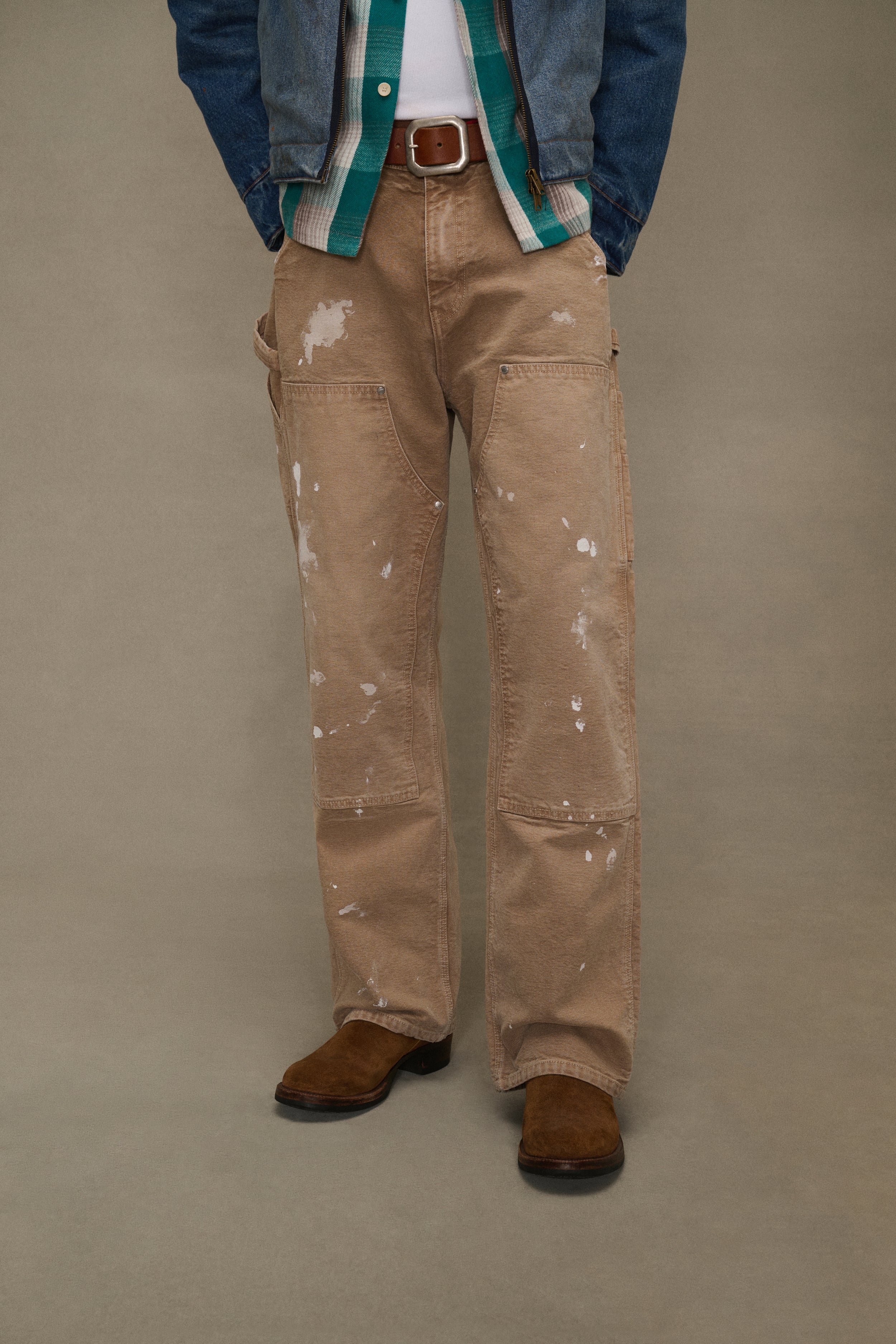 Wide Leg Double Knees Pants (Tan)