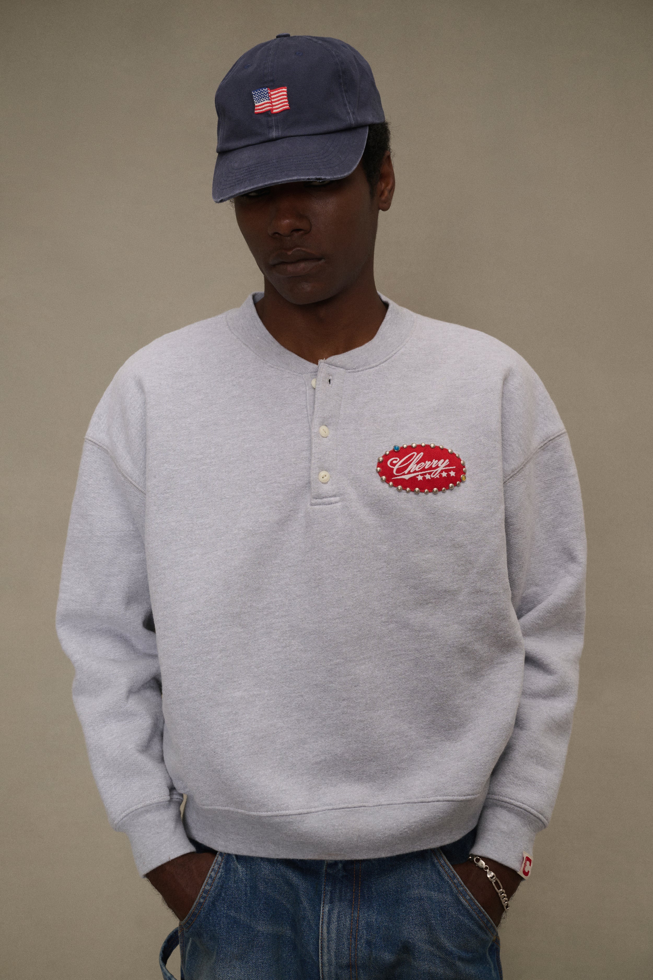 Five Star Studded Henley Crewneck (Heather Grey)