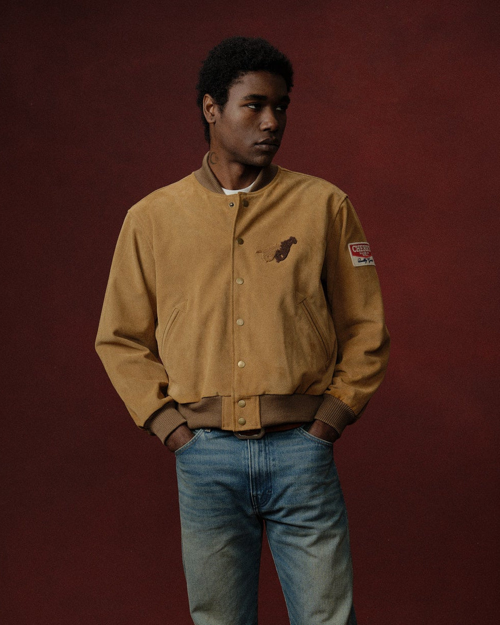 Cherry x Wrangler Suede Varsity Jacket (Tan)