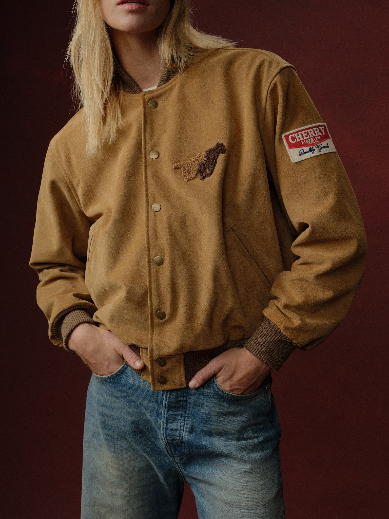 Cherry x Wrangler Suede Varsity Jacket (Tan)