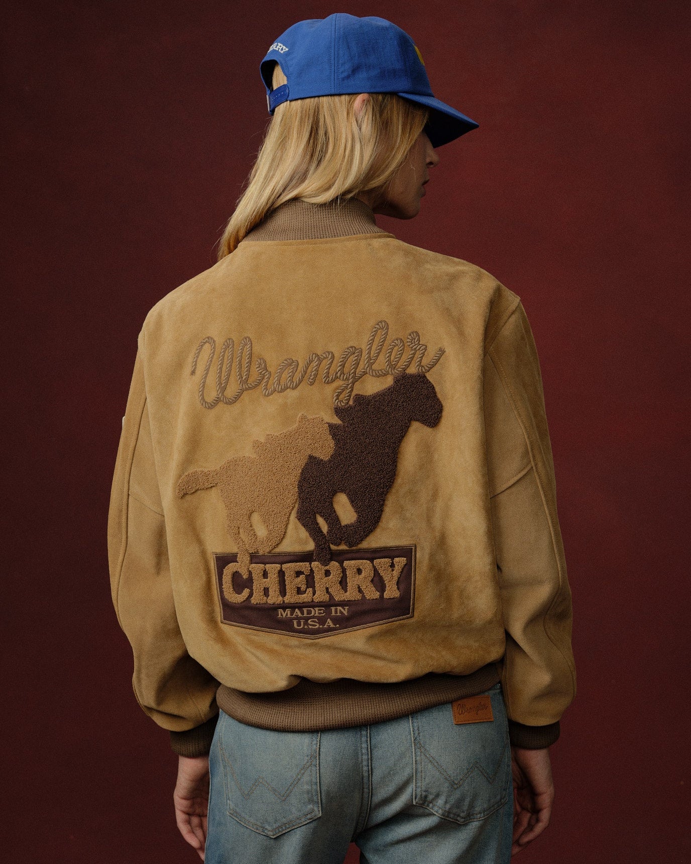 Cherry x Wrangler Suede Varsity Jacket (Tan)