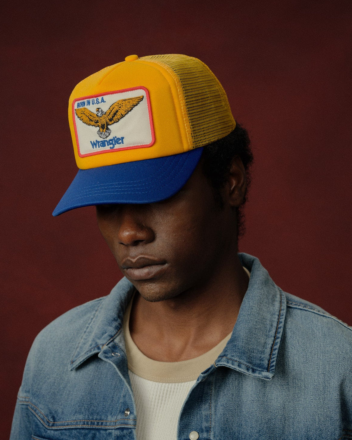 Cherry x Wrangler Trucker Hat (Yellow/Blue)