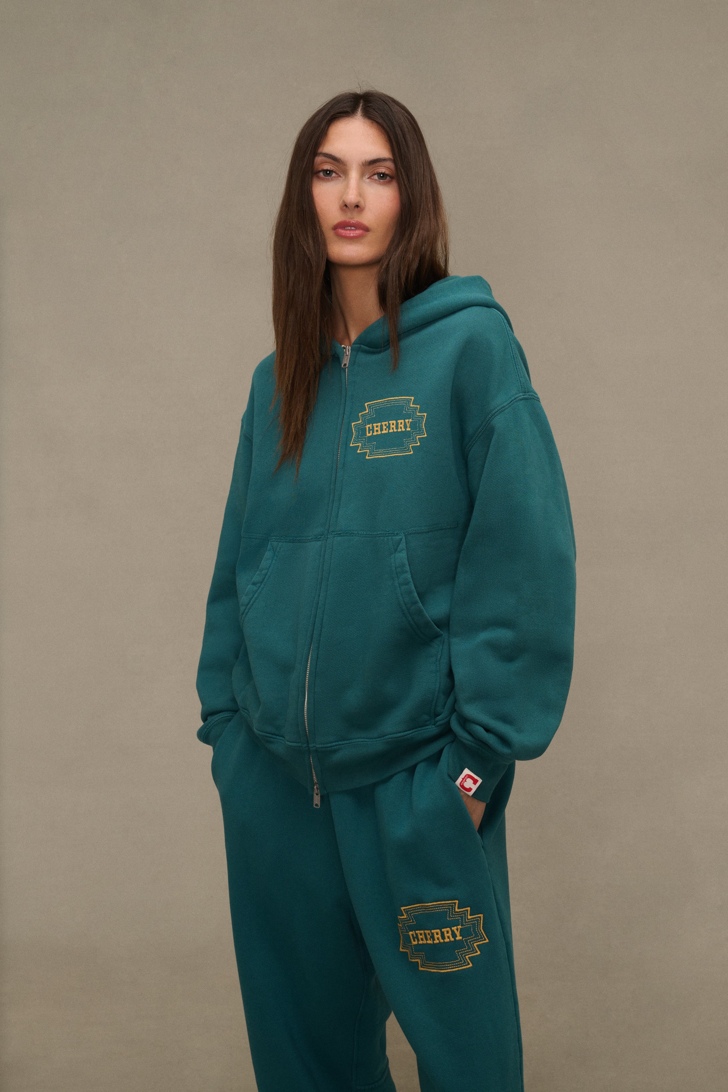 Embroidered Navajo Zip Up Hoodie (Emerald)