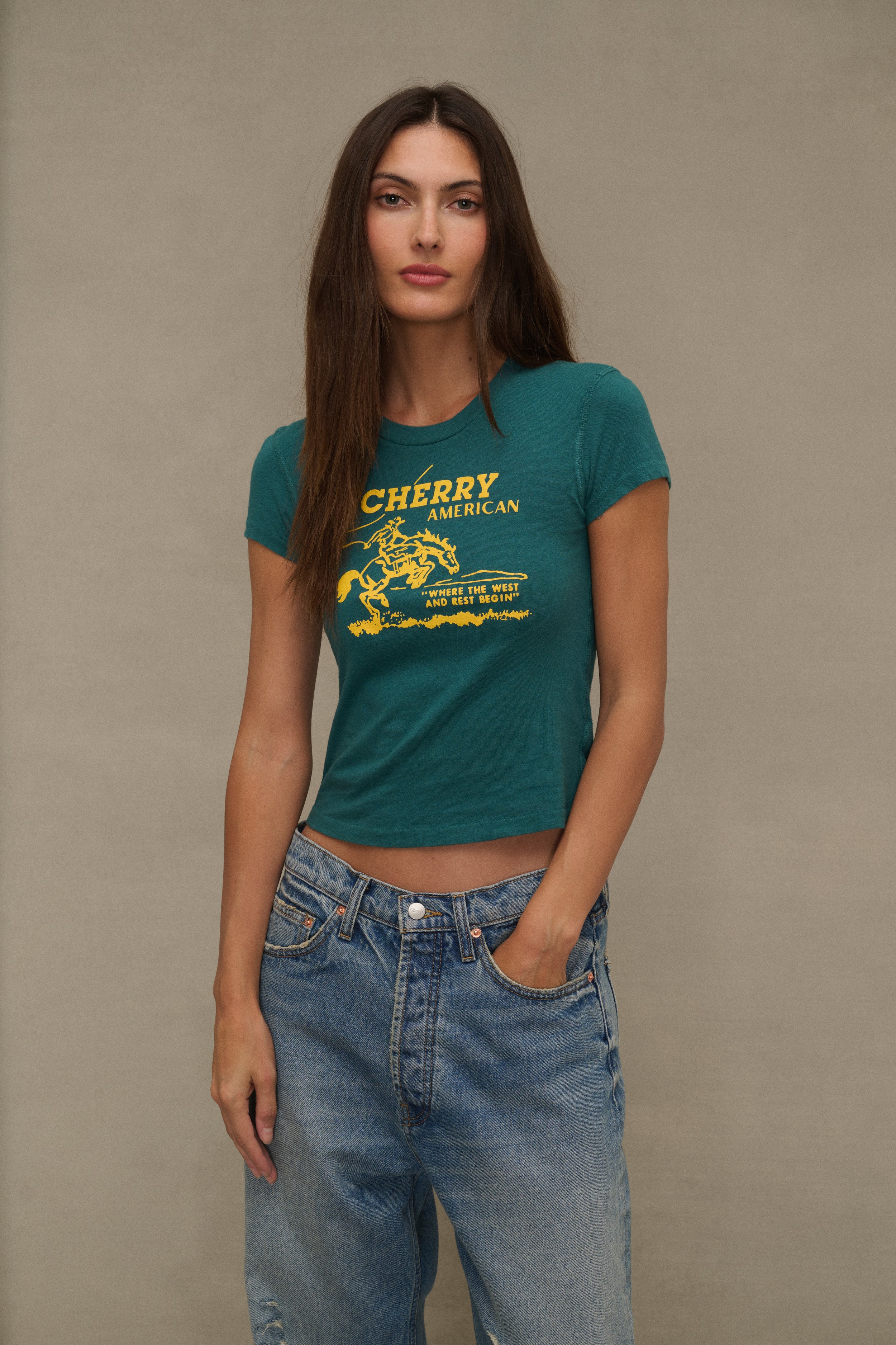 Women's Cowgirl Fitted Baby Tee (Emerald)