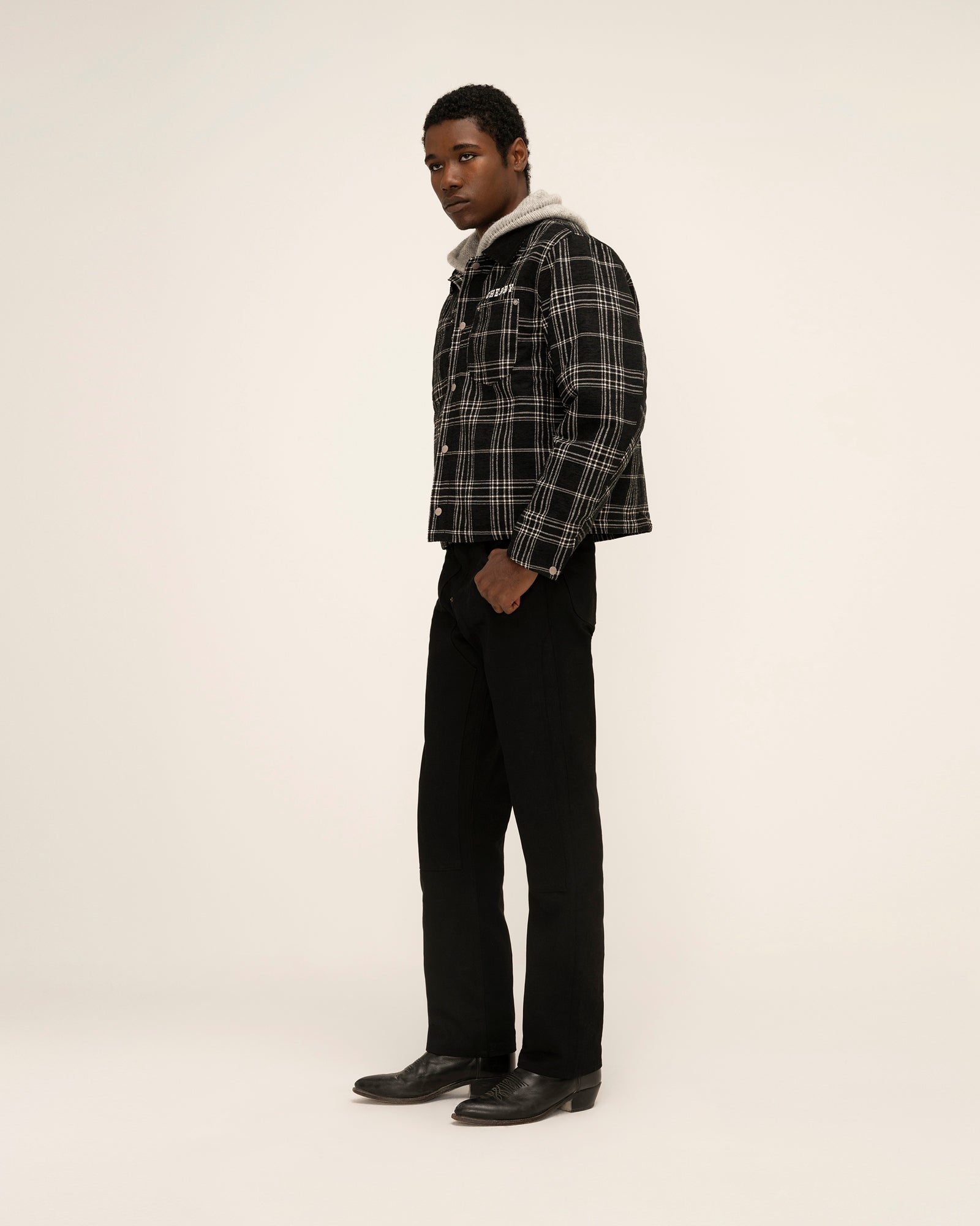 Quilted Lined Plaid Jacket (Black)