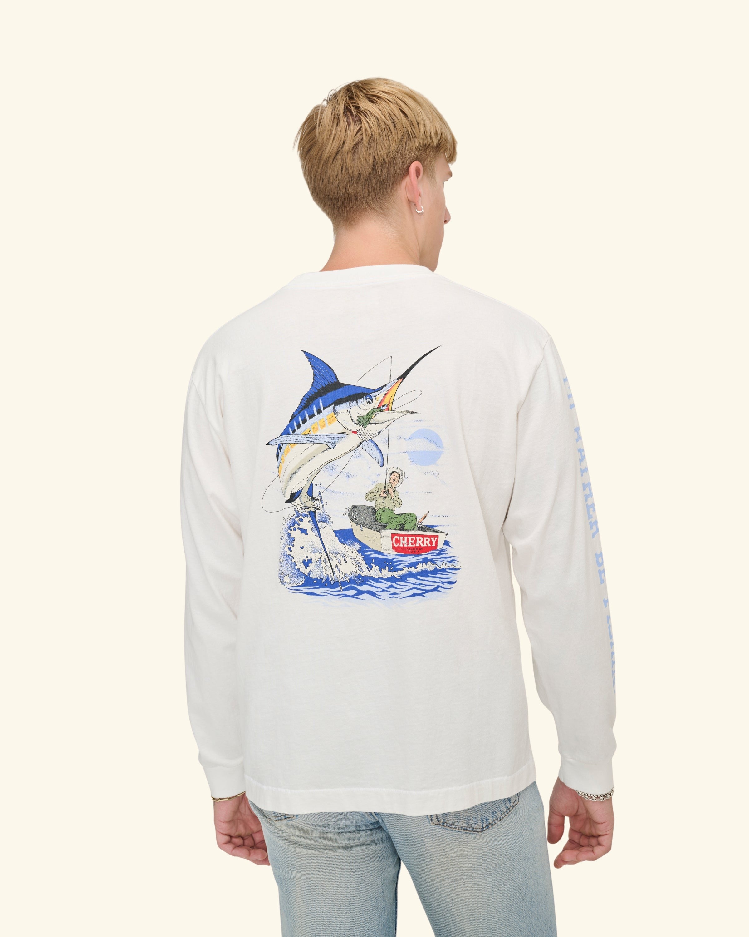 Marlin Fishing Long Sleeve T-Shirt (Vintage White)