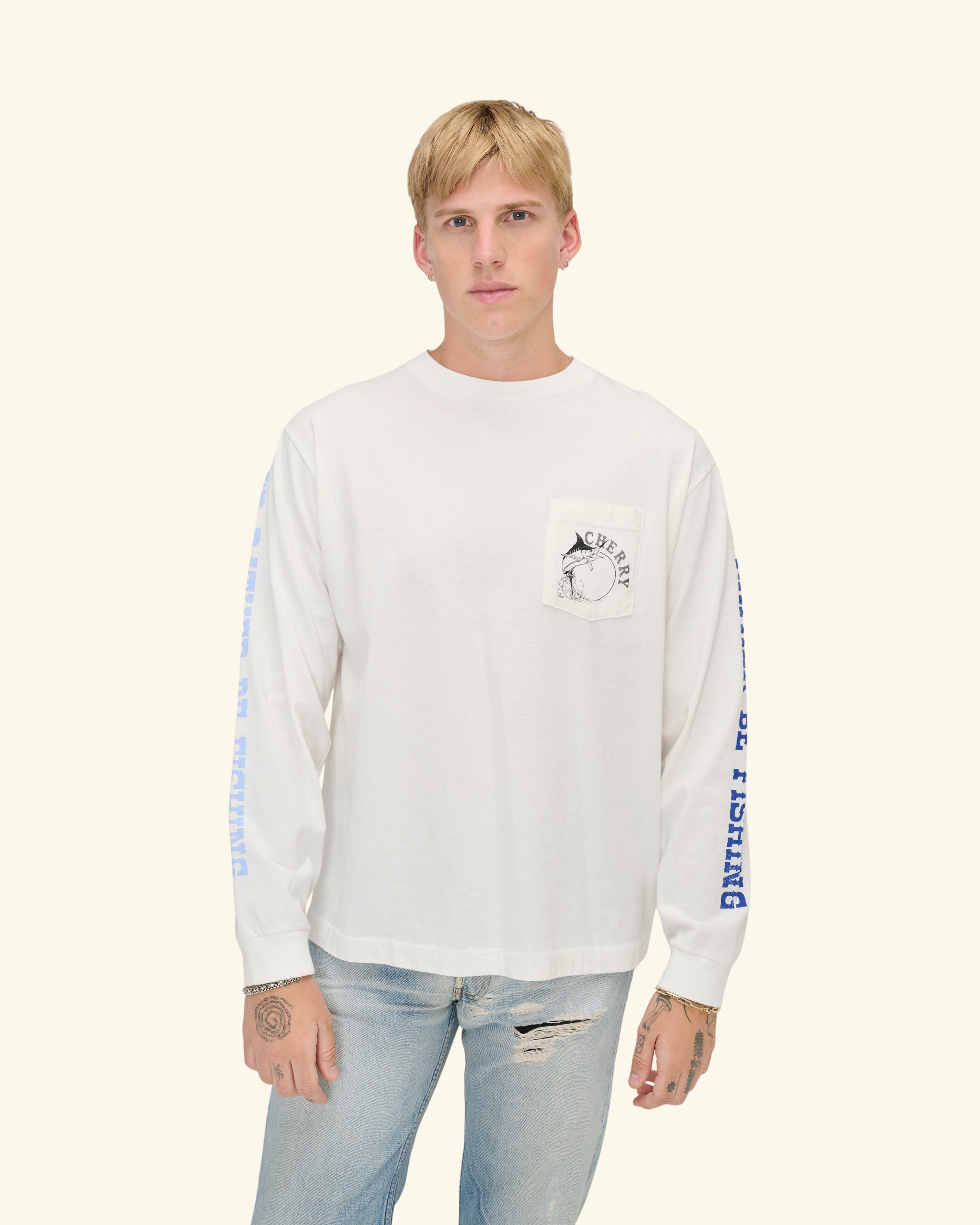 Marlin Fishing Long Sleeve T-Shirt (Vintage White)