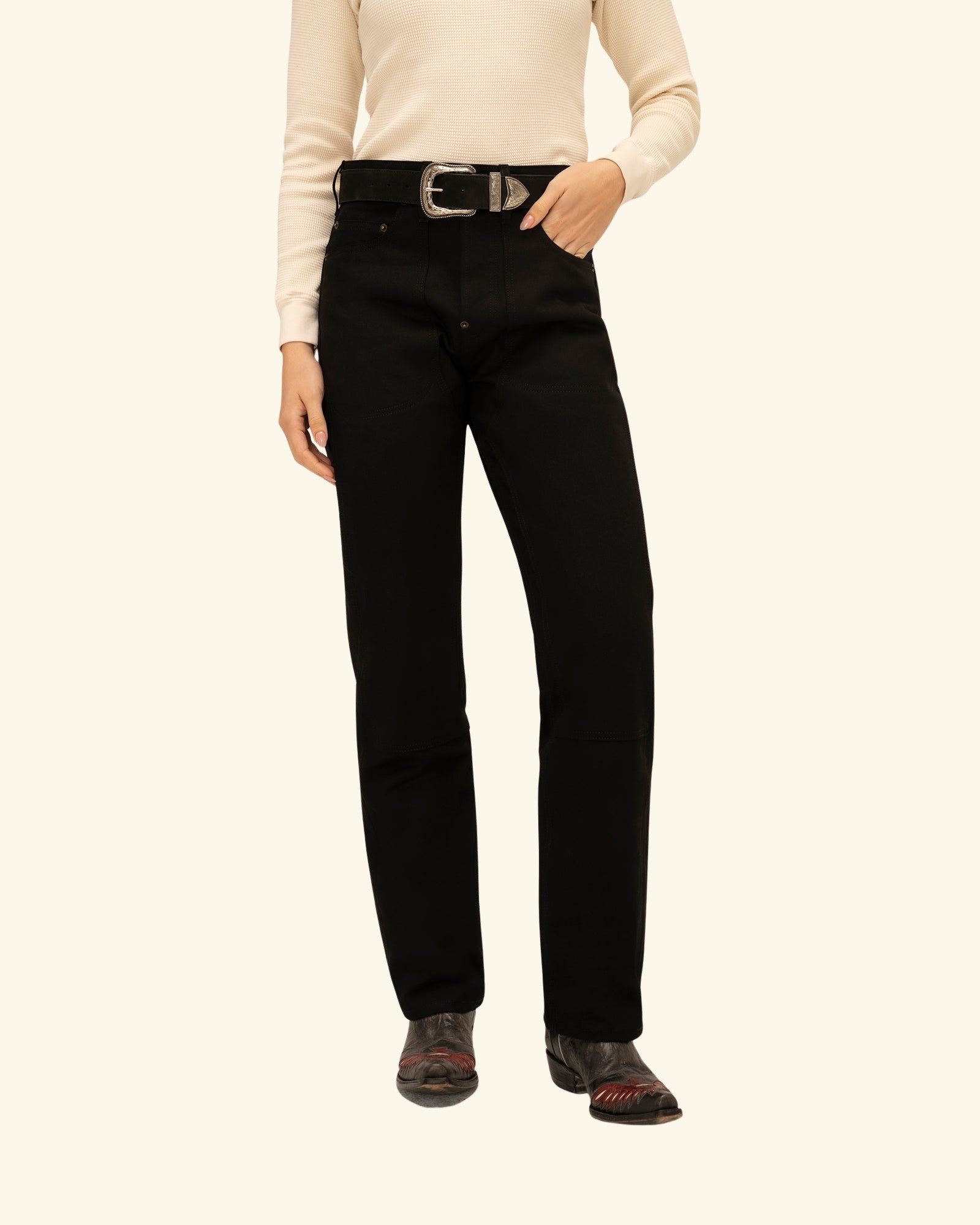 Buckle Back Denim Double Knees