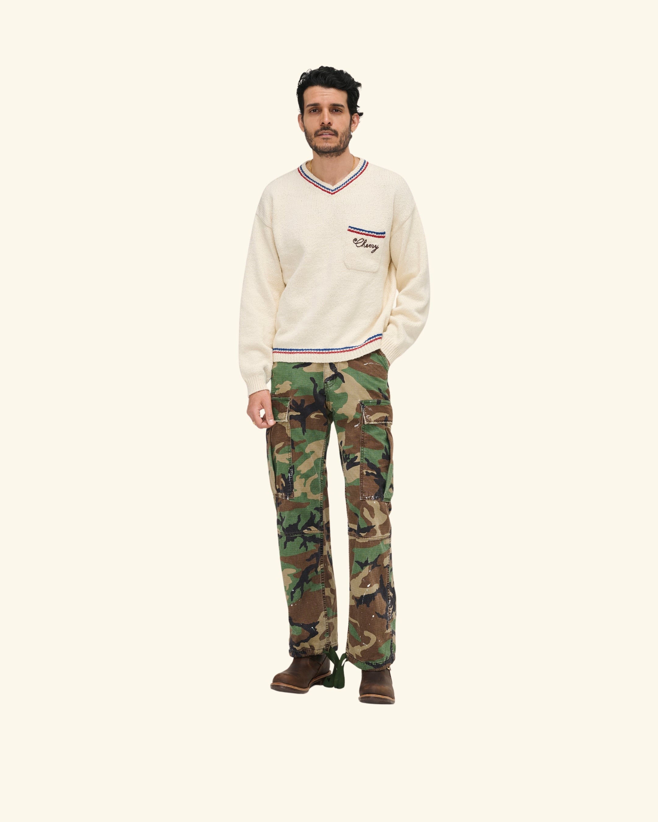 V-Neck Cotton Knit Sweater (Cream)