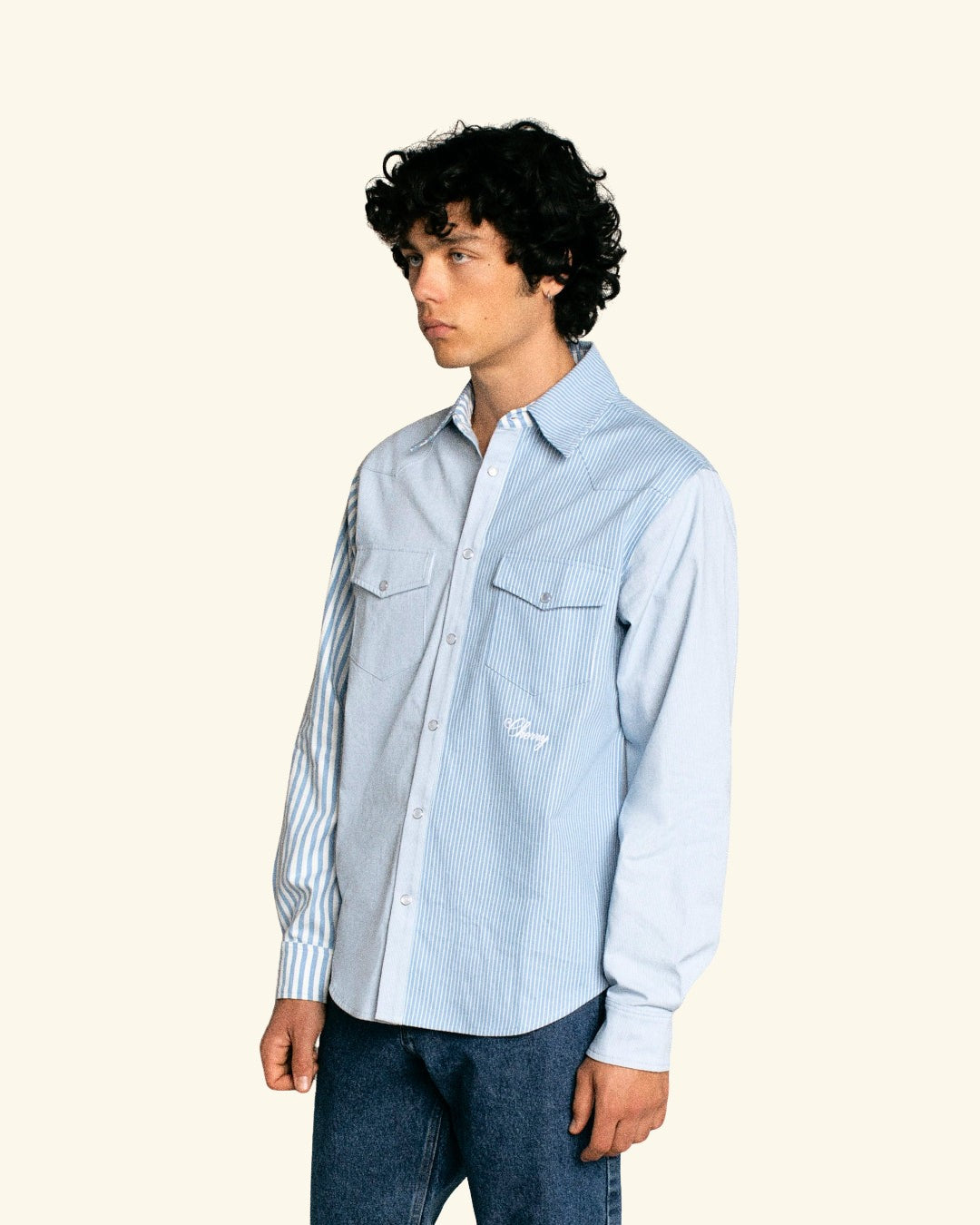 Patchwork Western Shirt (Blue/White)