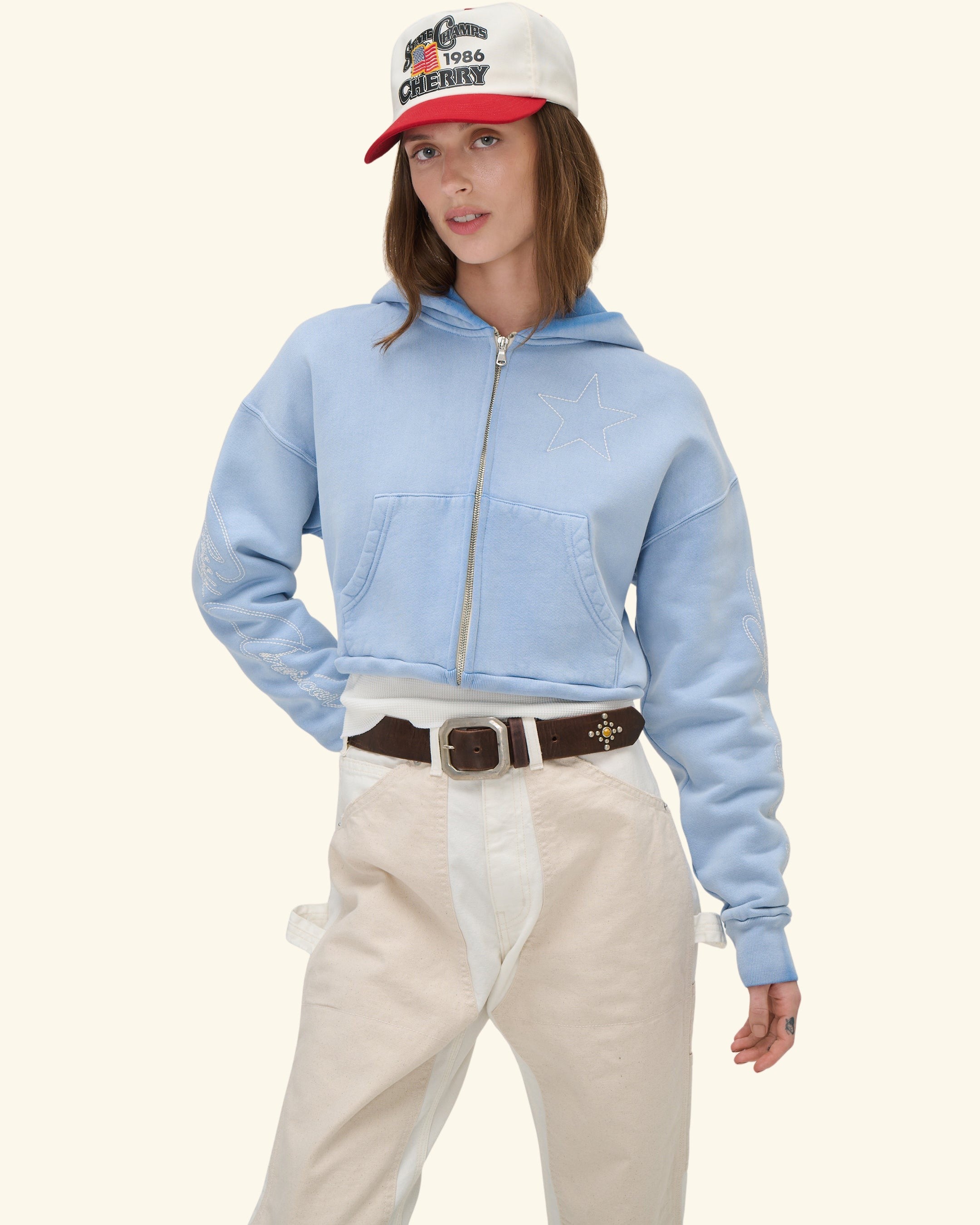 American Star Cropped Zip Hoodie (Sun Faded Blue)
