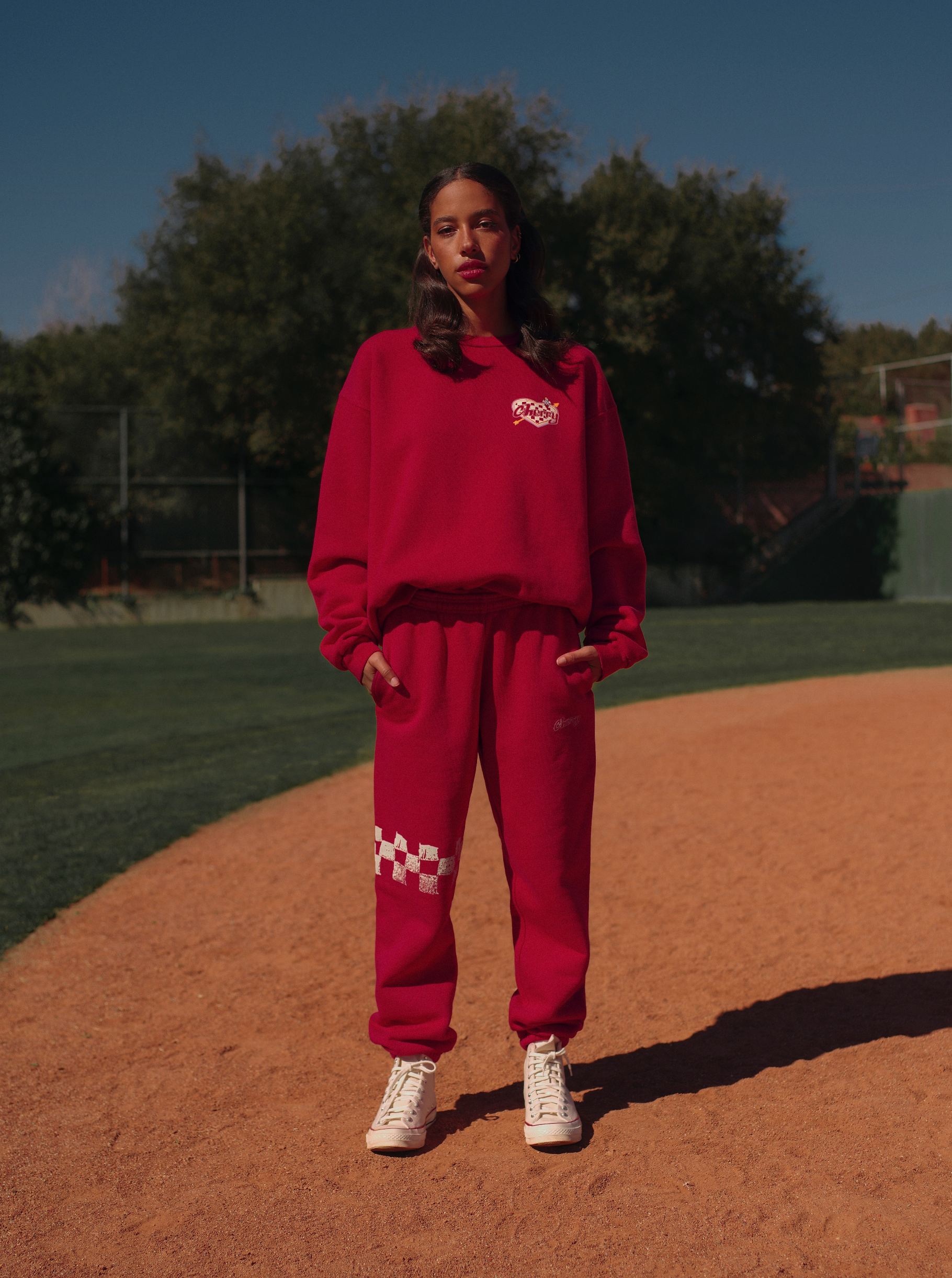 Red sweatshirt top and sweatpants